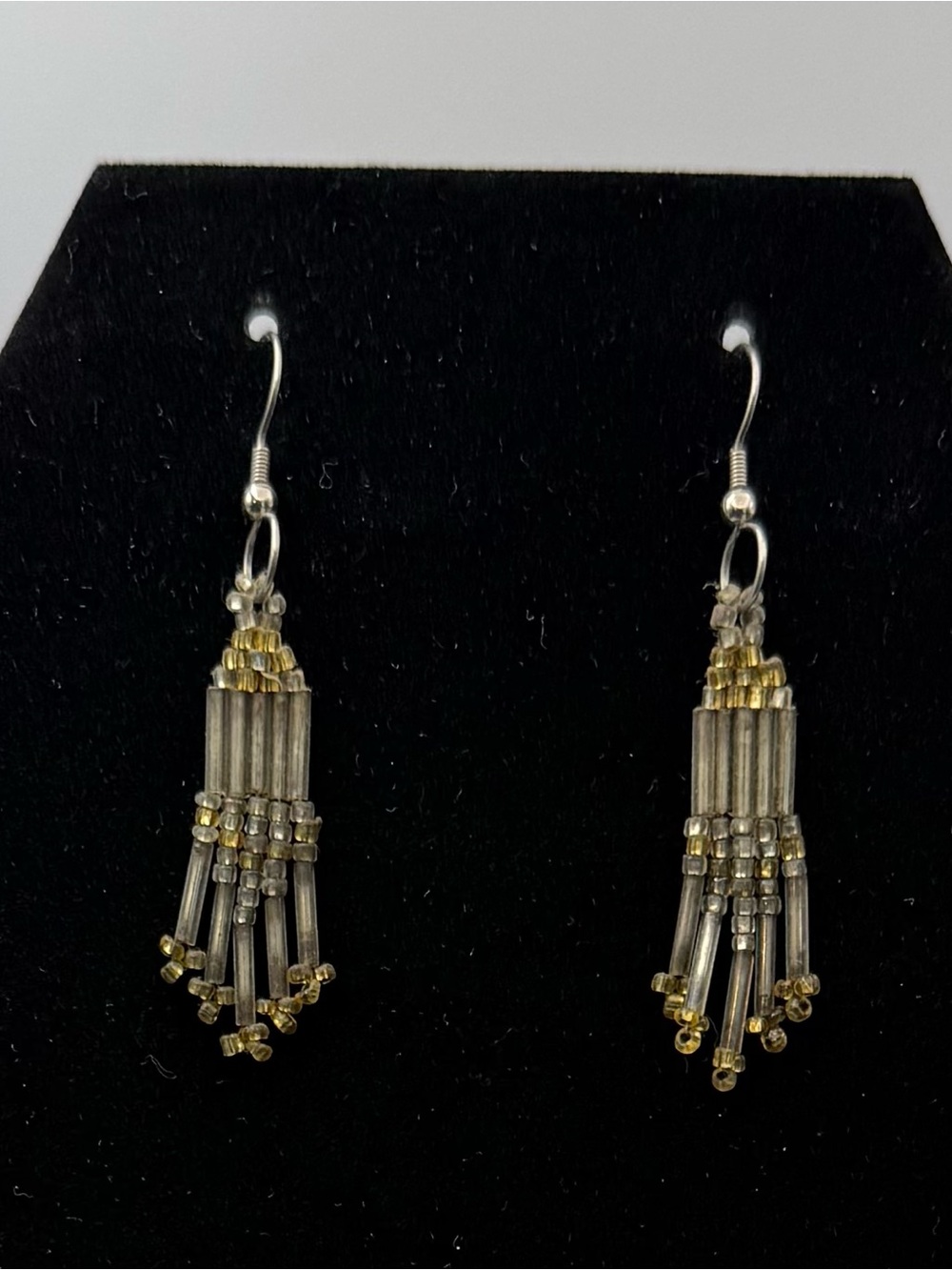 Handmade Beaded Fringe Dangle
Earrings Boho Grey Bugle Gold Seed
Bead Tassel
